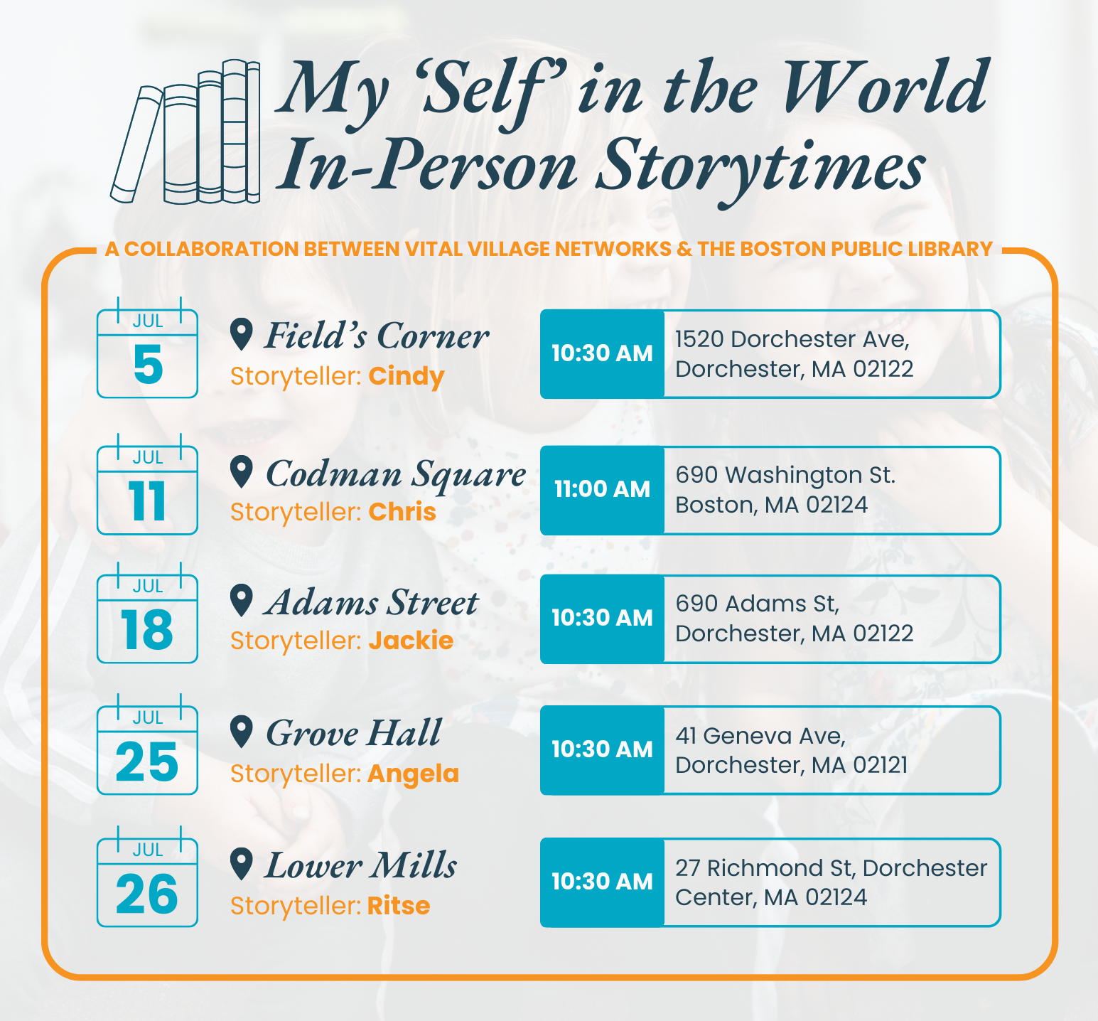 June in-person storytime calendar flier 